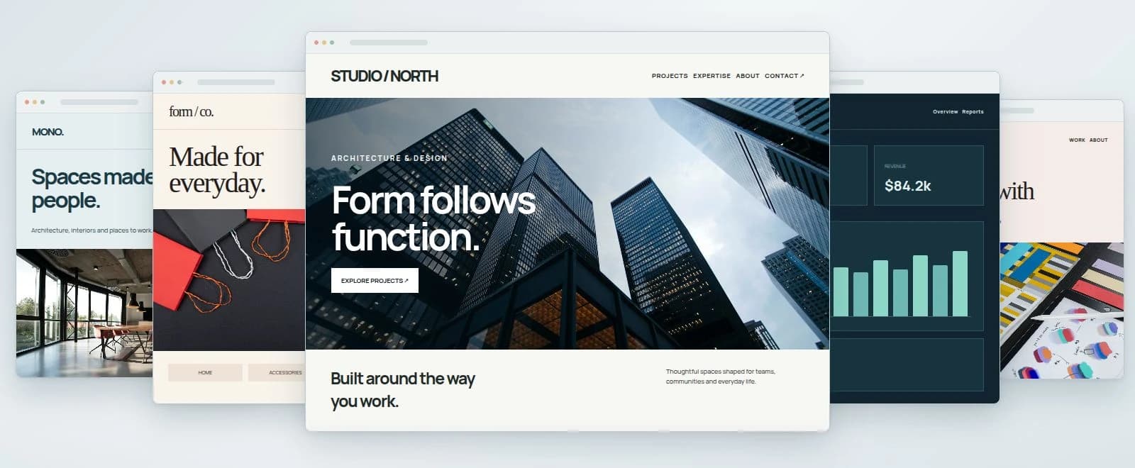 Five distinct conceptual website design previews